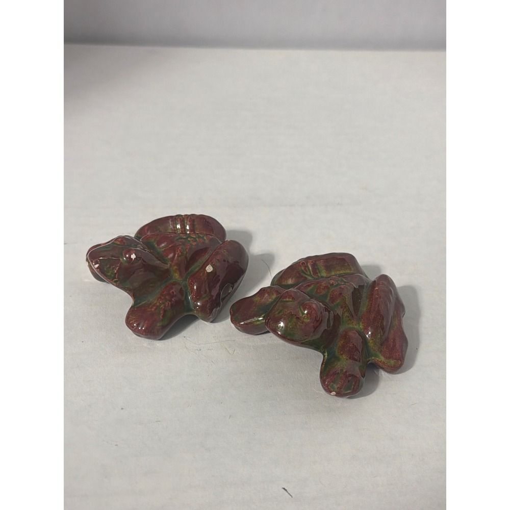 Vintage Ceramic Frog Figurines Pair Burgundy Green Drip Glaze Toad Decor